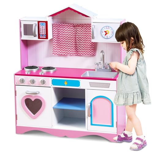 HOMASIS Kinderküche mit Spielzubehör, Kinder Spielküche mit Licht & Sound, Spielzeugküche mit Uhr Spüle Herd Backofen Mikrowelle, Holzküche Küchenspielset für Kinder ab 3 Jahre, Rosa, 82x30x100,5 cm HOMASIS Kinderküche mit Spielzubehör, Kinder Spielküche mit Licht & Sound, Spielzeugküche mit Uhr Spüle Herd Backofen Mikrowelle, Holzküche Küchenspielset für Kinder ab 3 Jahre, Rosa, 82x30x100,5 cm von HOMASIS