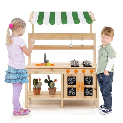 HOMASIS Kinderküche mit Vordach, Spielzeugküche aus Holz mit 4 Kochern, 2 Haken, 1 Waschbecken und 4 Tafeln, Küche für Kinder ab 3 Jahren für den Außenbereich, 88 x 39 x 117 cm HOMASIS Kinderküche mit Vordach, Spielzeugküche aus Holz mit 4 Kochern, 2 Haken, 1 Waschbecken und 4 Tafeln, Küche für Kinder ab 3 Jahren für den Außenbereich, 88 x 39 x 117 cm von HOMASIS