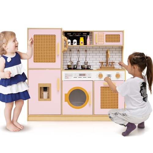 HOMASIS Kinderküche mit Zubehör, Spielküche mit Licht & Sound, Kinderspielküche mit Spüle Wasserhahn Herd Wasserspender Kühlschrank Waschmaschine Mikrowelle, Holzküche für Kinder ab 3 Jahre (Rosa) von HOMASIS