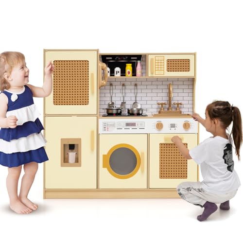 HOMASIS Kinderküche mit Zubehör, Spielküche mit Licht & Sound, Kinderspielküche mit Spüle Wasserhahn Herd Wasserspender Kühlschrank Waschmaschine Mikrowelle, Holzküche für Kinder ab 3 Jahre (Gelb) HOMASIS Kinderküche mit Zubehör, Spielküche mit Licht & Sound, Kinderspielküche mit Spüle Wasserhahn Herd Wasserspender Kühlschrank Waschmaschine Mikrowelle, Holzküche für Kinder ab 3 Jahre (Gelb) von HOMASIS