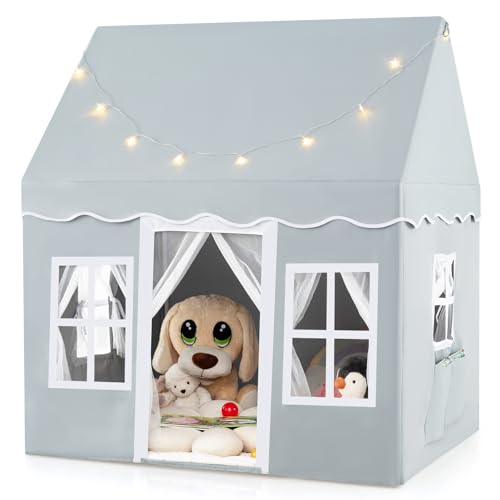 HOMASIS Kinderzelt Baumwolle, Kinder Spielhaus mit Sternenlichtern, Tragetasche & Vorhang, Spielzelt Prinzessin für Jungen & Mädchen, Indoor Kinderspielzelt Kinderspielhaus (Grau, ohne Matte) von HOMASIS