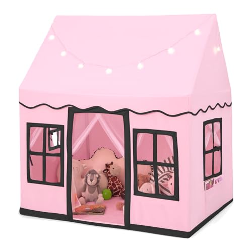 HOMASIS Kinderzelt Baumwolle, Kinder Spielhaus mit Sternenlichtern, Tragetasche & Vorhang, Spielzelt Prinzessin für Jungen & Mädchen, Indoor Kinderspielzelt Kinderspielhaus (Rosa, ohne Matte) von HOMASIS