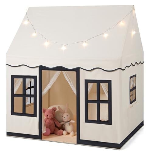 HOMASIS Kinderzelt Baumwolle, Kinder Spielhaus mit Sternenlichtern & Tragetasche & Matte, Spielzelt Prinzessin für Jungen & Mädchen, Kinder Zelt Indoor für Kinderzimmer & Spielzimmer (Beige+Schwarz) von HOMASIS