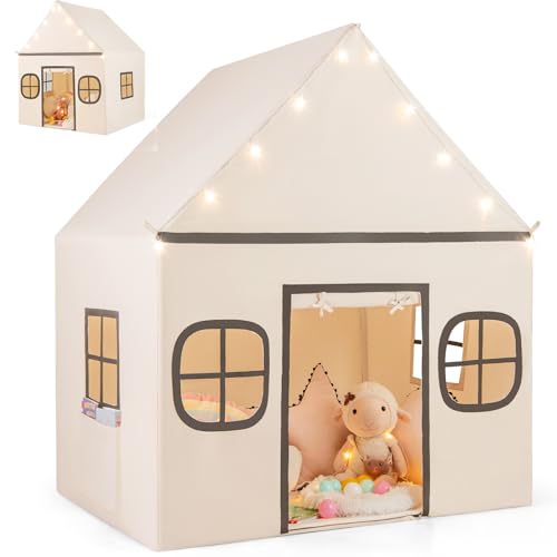 HOMASIS Kinderzelt Indoor, Kinder Spielhaus aus Baumwolle, Spielzelt mit Sternenlichtern & gepolsterter Matte & 4 Fenstern & Vorhang, Prinzessin Zelt für Jungen & Mädchen ab 3 Jahren (Beige+Schwarz) von HOMASIS