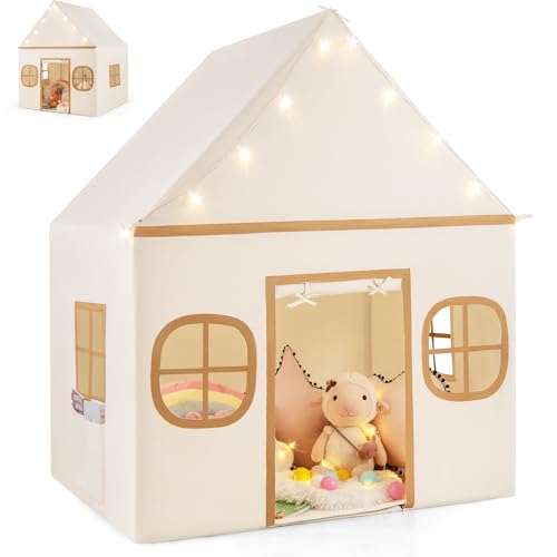 HOMASIS Kinderzelt Indoor, Kinder Spielhaus aus Baumwolle, Spielzelt mit Sternenlichtern & gepolsterter Matte & 4 Fenstern & Vorhang, Prinzessin Zelt für Jungen & Mädchen ab 3 Jahren (Beige+Braun) von HOMASIS