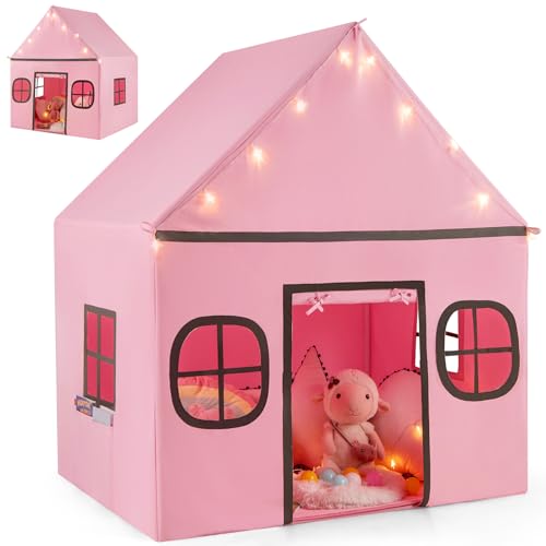 HOMASIS Kinderzelt Indoor, Kinder Spielhaus aus Baumwolle, Spielzelt mit Sternenlichtern & gepolsterter Matte & 4 Fenstern & Vorhang, Prinzessin Zelt für Jungen & Mädchen ab 3 Jahren (Rosa+Schwarz) von HOMASIS