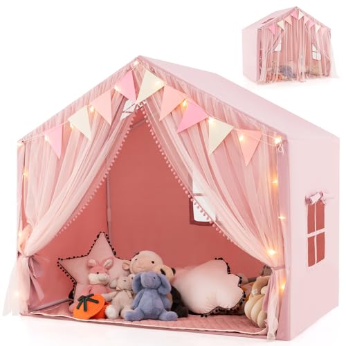 HOMASIS Kinderzelt Indoor, Spielhaus mit Matte & Lichtern & Vorhang & Flaggen, Spielzelt aus Baumwolle, Prinzessin Zelt für Mädchen & Jungen ab 3 Jahren, Kinderspielhaus für Kinderzimmer (Rosa) von HOMASIS