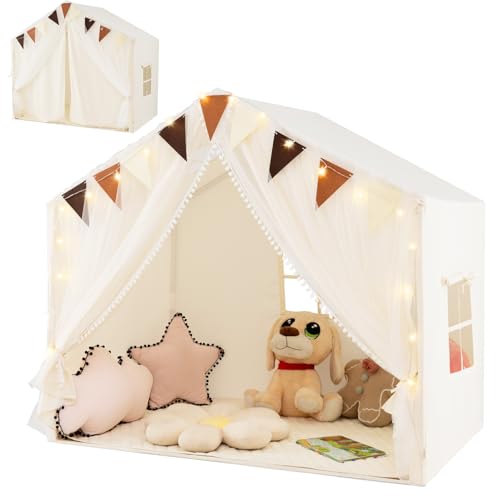 HOMASIS Kinderzelt Indoor, Spielhaus mit Matte & Lichtern & Vorhang & Flaggen, Spielzelt aus Baumwolle, Prinzessin Zelt für Mädchen & Jungen ab 3 Jahren, Kinderspielhaus für Kinderzimmer (Beige) HOMASIS Kinderzelt Indoor, Spielhaus mit Matte & Lichtern & Vorhang & Flaggen, Spielzelt aus Baumwolle, Prinzessin Zelt für Mädchen & Jungen ab 3 Jahren, Kinderspielhaus für Kinderzimmer (Beige) von HOMASIS