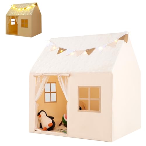HOMASIS Kinderzelt Indoor, Spielhaus mit Sternlichter & Matte & Wimpel & Fenster, Spielzelt Baumwolle, fluoreszierend Prinzessin Zelt für Kinder ab 3 Jahren, Kinderspielhaus für Kinderzimmer, Beige HOMASIS Kinderzelt Indoor, Spielhaus mit Sternlichter & Matte & Wimpel & Fenster, Spielzelt Baumwolle, fluoreszierend Prinzessin Zelt für Kinder ab 3 Jahren, Kinderspielhaus für Kinderzimmer, Beige von HOMASIS