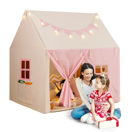 HOMASIS Kinderzelt für Drinnen, Spielhaus mit Lichtern & Matte & Fenstern & Vorhang & Flaggen & Taschen, Spielzelt Prinzessin Zelt Baumwolle für Jungen & Mädchen, Tipi Zelt Kinderhaus (Rosa) von HOMASIS