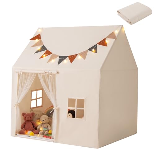 HOMASIS Kinderzelt für Indoor, Spielhaus mit 20 Sternlichtern & Matte & 2 Fenstern & Vorhang & 12 Flaggen, Spielzelt Prinzessin Zelt für Mädchen & Jungen, Tipi Zelt Kinderhaus Kinderzimmer, Beige von HOMASIS