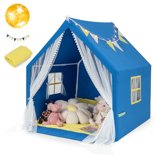 HOMASIS Kinderzelt für Indoor & Oudoor, Kinder Spielzelt mit Sternenlichtern & Matte & Fenster & Vorhang, Spielhaus Prinzessin für Jungen & Mädchen, Kinderspielhaus Tipi Zelt (Blau) von HOMASIS