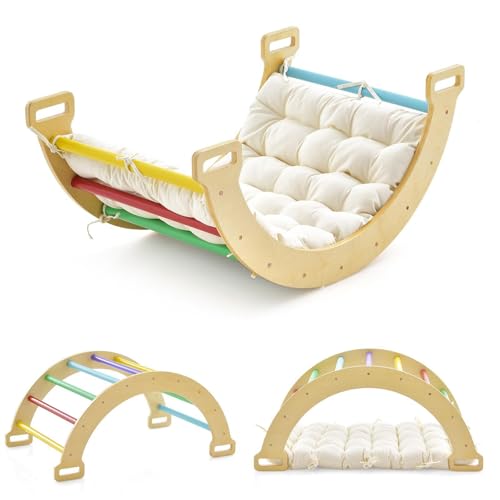 HOMASIS Kletterbogen mit Kissen, Holz Klettergerüst Indoor, Montessori Holzwippe Bogenwippe zum Wippen & Klettern, Picklerdreick Baby, Kletterdreieck Klettergeräte für Kinder ab 3 Jahre (Bunt) von HOMASIS