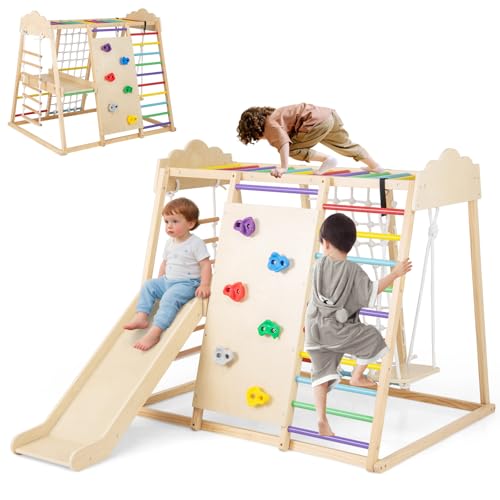 HOMASIS Klettergerüst Indoor, 8 in 1 Kletterdreieck mit Rutsche Schaukel Strickleiter Kletterleiter Kletternetz Kletterfelsen & Affenstangen, Spielplatz Kletterspielzeug Holz ab 3 Jahren (Bunt) von HOMASIS