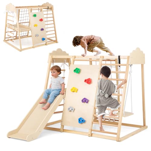 HOMASIS Klettergerüst Indoor, 8 in 1 Kletterdreieck mit Rutsche Schaukel Strickleiter Kletterleiter Kletternetz Kletterfelsen & Affenstangen, Spielplatz Kletterspielzeug Holz ab 3 Jahren (Natur) von HOMASIS