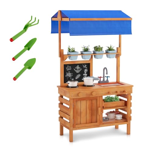 HOMASIS Matschküche Kinder Outdoor, Gartenspielküche Holz mit 7 Zubehör, Kinderküche mit abnehmbarem Waschbecken Herd Tafel 4 Blumentöpfen, Outdoorküche Gartenküche für Kinder ab 3 Jahren, Natur HOMASIS Matschküche Kinder Outdoor, Gartenspielküche Holz mit 7 Zubehör, Kinderküche mit abnehmbarem Waschbecken Herd Tafel 4 Blumentöpfen, Outdoorküche Gartenküche für Kinder ab 3 Jahren, Natur von HOMASIS