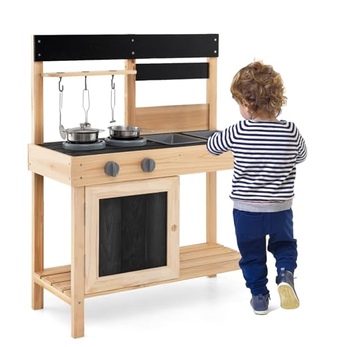 HOMASIS Matschküche Kinder Outdoor, Kinderküche mit 2 Spülen, Herd & Kreidertafel, Gartenküche aus Holz mit 11 Zubehör, Spielzeugküche mit 3 Haken & Regalen, Spielküche für Kinder ab 3 Jahren HOMASIS Matschküche Kinder Outdoor, Kinderküche mit 2 Spülen, Herd & Kreidertafel, Gartenküche aus Holz mit 11 Zubehör, Spielzeugküche mit 3 Haken & Regalen, Spielküche für Kinder ab 3 Jahren von HOMASIS