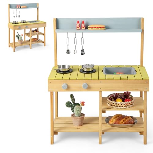HOMASIS Matschküche Kinder Outdoor, Kinderküche mit Spüle Herd, Spielküche aus Holz, Spielzeugküche mit 3 Haken & Regalen, Holzküche Gartenküche für Kinder ab 3 Jahren (Natur, ohne Wasserspender) HOMASIS Matschküche Kinder Outdoor, Kinderküche mit Spüle Herd, Spielküche aus Holz, Spielzeugküche mit 3 Haken & Regalen, Holzküche Gartenküche für Kinder ab 3 Jahren (Natur, ohne Wasserspender) von HOMASIS