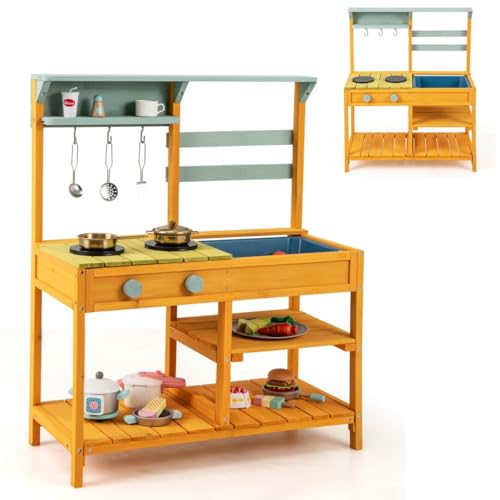 HOMASIS Matschküche Kinder Outdoor, Kinderküche mit Waschbecken Spüle Herd, Spielküche Holz, Spielzeugküche mit 3 Haken & Regalen, Holzküche Gartenküche für Kinder ab 3 Jahren (Gelb) von HOMASIS
