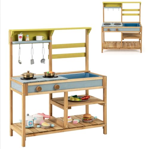 HOMASIS Matschküche Kinder Outdoor, Kinderküche mit Waschbecken Spüle Herd, Spielküche Holz, Spielzeugküche mit 3 Haken & Regalen, Holzküche Gartenküche für Kinder ab 3 Jahren (Natur) von HOMASIS