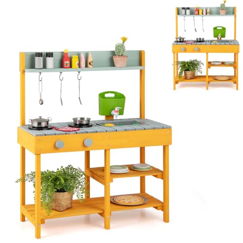 HOMASIS Matschküche Kinder Outdoor, Kinderküche mit Wasserspender Spüle Herd, Spielküche aus Holz, Spielzeugküche mit 3 Haken & Regalen, Holzküche Gartenküche für Kinder ab 3 Jahren (Orange) HOMASIS Matschküche Kinder Outdoor, Kinderküche mit Wasserspender Spüle Herd, Spielküche aus Holz, Spielzeugküche mit 3 Haken & Regalen, Holzküche Gartenküche für Kinder ab 3 Jahren (Orange) von HOMASIS