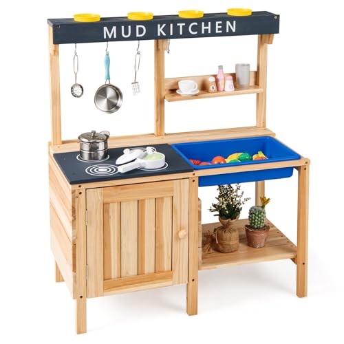HOMASIS Matschküche Kinder Outdoor, Kinderküche mit abnehmbarem Waschbecken, Herd, 3 Haken & 4 Blumentöpfen, Spielküche Holz mit Schrank, 2 Ablagen & 8 Zubehör, Gartenküche für Kinder ab 3 Jahren HOMASIS Matschküche Kinder Outdoor, Kinderküche mit abnehmbarem Waschbecken, Herd, 3 Haken & 4 Blumentöpfen, Spielküche Holz mit Schrank, 2 Ablagen & 8 Zubehör, Gartenküche für Kinder ab 3 Jahren von HOMASIS