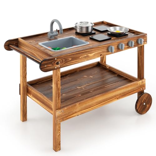 HOMASIS Matschküche Kinder Outdoor, Mobile Spielküche Holz mit Rollen & Griffe, Kinderküche mit Spüle/4 Herden/Pfanne/Topf/Kochgeschirr/Lagerregal, Gartenspielkücheset für Kinder ab 3 Jahren, Braun HOMASIS Matschküche Kinder Outdoor, Mobile Spielküche Holz mit Rollen & Griffe, Kinderküche mit Spüle/4 Herden/Pfanne/Topf/Kochgeschirr/Lagerregal, Gartenspielkücheset für Kinder ab 3 Jahren, Braun von HOMASIS