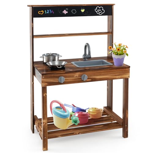 HOMASIS Matschküche Kinder Outdoor, Spielküche Holz, Kinderküche mit Tafel/Spüle/Herd/Pfanne/Topf/Kochgeschirr, Gartenspielkücheset für Kinder ab 3 Jahren, Braun von HOMASIS