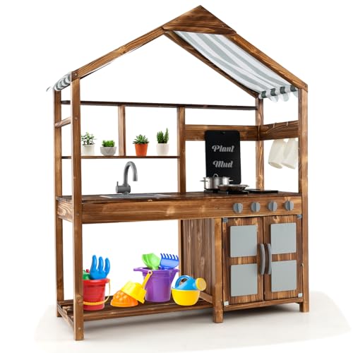 HOMASIS Matschküche Kinder Outdoor, Spielküche Holz mit Vordach, Kinderküche mit Tafel/Spüle/4 Herden/Pfanne/Topf/Kochgeschirr/Blumentöpfen Gartenspielkücheset für Kinder ab 3 Jahren, Braun HOMASIS Matschküche Kinder Outdoor, Spielküche Holz mit Vordach, Kinderküche mit Tafel/Spüle/4 Herden/Pfanne/Topf/Kochgeschirr/Blumentöpfen Gartenspielkücheset für Kinder ab 3 Jahren, Braun von HOMASIS