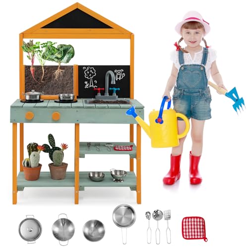 HOMASIS Matschküche Kinder Outdoor, Spielküche aus Tannenholz, Kinderküche mit Wasserhahn & Waschbecken & Pflanzbehälter & 2 Tafel & Herd, Outdoorküche mit 8 Zubehör für Kinder ab 3 Jahren (Grün) HOMASIS Matschküche Kinder Outdoor, Spielküche aus Tannenholz, Kinderküche mit Wasserhahn & Waschbecken & Pflanzbehälter & 2 Tafel & Herd, Outdoorküche mit 8 Zubehör für Kinder ab 3 Jahren (Grün) von HOMASIS
