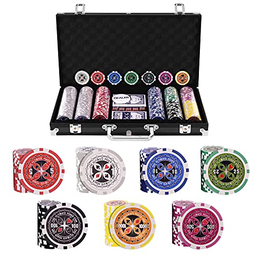 HOMASIS Pokerset mit 300 Chips, Alu Pokerkoffer mit 2 Kartendecks, 5 Würfeln, 1 Dealer Button, Poker Koffer abschließbar, Poker Set Pokerkarten für Texas Hold'em (300 Chips, Schwarz) von HOMASIS