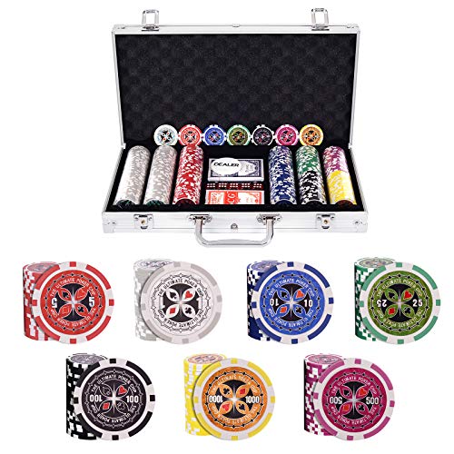 HOMASIS Pokerset mit 300 Laserchips, Poker Koffer mit 2 Kartendecks, 5 Würfeln, 1 Dealer Button, abschließbares Pokerkoffer aus Alu, Poker Set Pokerkarten für Partys (Sliber) von HOMASIS