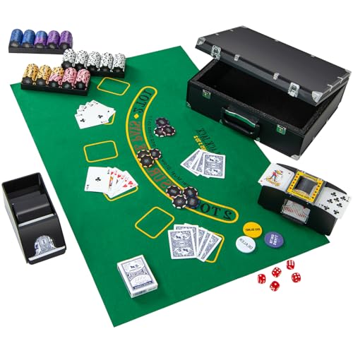 HOMASIS Pokerspiel, 300 Chips, Pokerkoffer mit 2 Kartendecks, 5 Würfel, Croupier-Taste, Matte, Mixer und Croupier, Poker-Set für Texas Hold'em Professional, 39 x 31,5 x 13,5 cm, Schwarz von HOMASIS