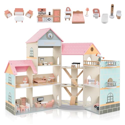 HOMASIS Puppenhaus Holz, Dollhouse inkl. 32/36/42 Zubehör & Möbeln, Puppenvilla 3 Etagen mit 6/7 Zimmer, Geschenk für Mädchen, Traumhaus Puppenstube Traumvilla für Kinder ab 3 Jahren (Model 2) von HOMASIS