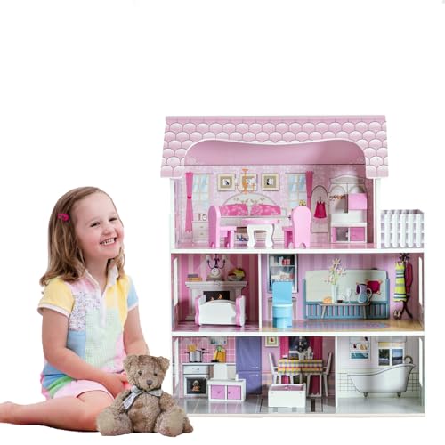 HOMASIS Puppenhaus inkl. Möbeln & Zubehör, Rosa Puppenstube Holz, Puppenvilla mit 3 Etagen & 5 Zimmer, Geschenk für Mädchen, Dollhouse Traumvilla für Kinder ab 3 Jahren, Puppenhaus-Spielset HOMASIS Puppenhaus inkl. Möbeln & Zubehör, Rosa Puppenstube Holz, Puppenvilla mit 3 Etagen & 5 Zimmer, Geschenk für Mädchen, Dollhouse Traumvilla für Kinder ab 3 Jahren, Puppenhaus-Spielset von HOMASIS