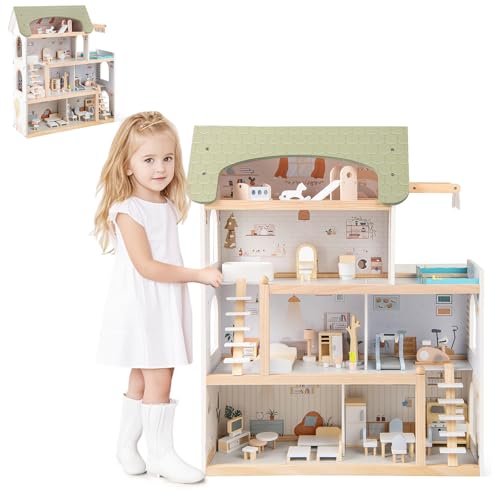 HOMASIS Puppenhaus inkl. komplettem Möbeln & Zubehör, Bunt Puppenstube Holz, Puppenvilla mit 3 Etagen & vielen Zimmern, Dollhouse für Mädchen, Traumvilla für Kinder ab 3 Jahren (Modell 5) von HOMASIS