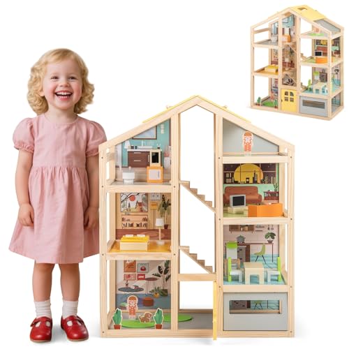 HOMASIS Puppenhaus inkl. komplettem Möbeln & Zubehör, Bunt Puppenstube Holz, Puppenvilla mit 3 Etagen & vielen Zimmern, Dollhouse für Mädchen, Traumvilla für Kinder ab 3 Jahren (Modell 6) von HOMASIS
