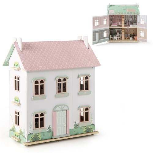 HOMASIS Puppenhaus mit 3 Etagen, Puppenvilla inkl. 19 Möbeln & Zubehör, Rosa Puppenstube Holz, Traumhaus für Mädchen, DIY Dollhouse Traumvilla Spielset für Kinder ab 3 Jahren HOMASIS Puppenhaus mit 3 Etagen, Puppenvilla inkl. 19 Möbeln & Zubehör, Rosa Puppenstube Holz, Traumhaus für Mädchen, DIY Dollhouse Traumvilla Spielset für Kinder ab 3 Jahren von HOMASIS