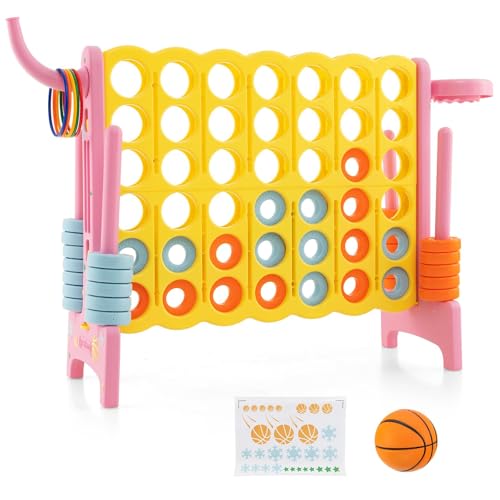 HOMASIS Riesiges 4 Gewinnt Spiel, 4 in Einer Reihe Spiel mit Basketballkorb & Wurfspiel, Strategiespiel mit 42 Ringen, XXL Brettspiel Spielzeug für Kinder & Erwachsene Outdoor (Rosa + Gelb) von HOMASIS