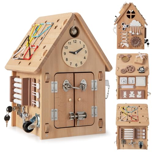 HOMASIS Spielhaus für Kinder aus Holz, Unterhaltungshaus mit Uhr, Wasserhahn, Schalter, Timer, Stecker und Steckdose, sensorische Spiele und Montessori für Kinder ab 3 Jahren, natürlich von HOMASIS