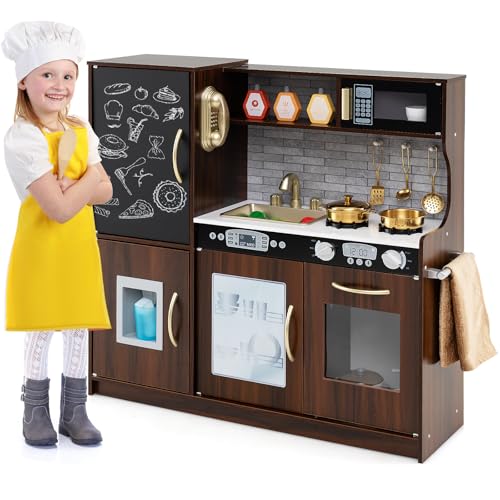 HOMASIS Spielküche mit 10 Zubehör, Kinderküche Holz, Spielzeugküche mit Tafel Spüle Herd Ofen Mikrowelle Eismaschine Telefon, Holzküche Kinderspielküche für Kinder ab 3 Jahre (Braun) von HOMASIS