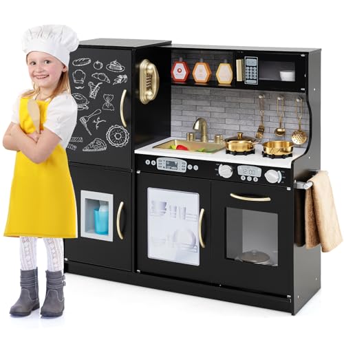 HOMASIS Spielküche mit 10 Zubehör, Kinderküche Holz, Spielzeugküche mit Tafel Spüle Herd Ofen Mikrowelle Eismaschine Telefon, Holzküche Kinderspielküche für Kinder ab 3 Jahre (Schwarz) von HOMASIS