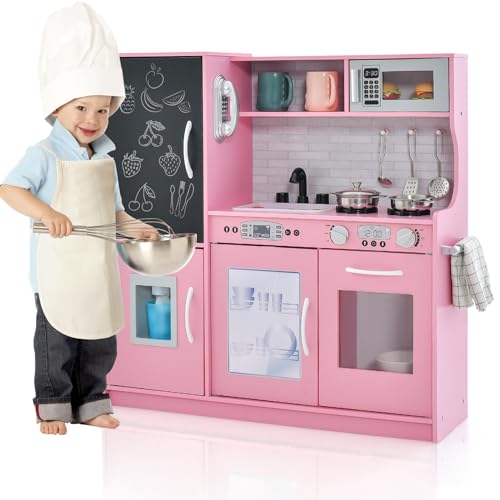 HOMASIS Spielküche mit 10 Zubehör, Kinderküche Holz, Spielzeugküche mit Tafel Spüle Herd Ofen Mikrowelle Eismaschine Telefon, Holzküche mit Sound, Kinderspielküche für Kinder ab 3 Jahre (Rosa) HOMASIS Spielküche mit 10 Zubehör, Kinderküche Holz, Spielzeugküche mit Tafel Spüle Herd Ofen Mikrowelle Eismaschine Telefon, Holzküche mit Sound, Kinderspielküche für Kinder ab 3 Jahre (Rosa) von HOMASIS