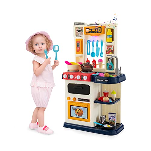 HOMASIS Spielküche mit 65 Zubehör, Kinderküche mit Licht Musik & Sound, Spielzeugküche mit Wasserpumpe Spüle Mikrowelle Ofen Herd, Kinderspielküche Eckküche für Kinder ab 3 Jahren (Blau) von HOMASIS