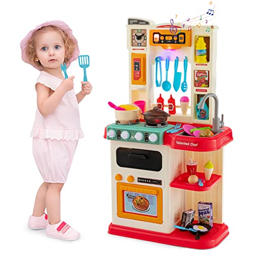 HOMASIS Spielküche mit 65 Zubehör, Kinderküche mit Licht Musik & Sound, Spielzeugküche mit Wasserpumpe Spüle Mikrowelle Ofen Herd, Kinderspielküche Eckküche für Kinder ab 3 Jahren (Rosa) von HOMASIS