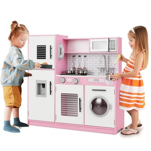 HOMASIS Spielküche mit Zubehör, Kinderküche Holz mit Herd Spüle Wasserhahn Mikrowelle Ofen Waschmaschine, Spielzeugküche mit Licht & Sound, Küchenspielzeugset ab 3 Jahren (Rosa, Modell 2) von HOMASIS