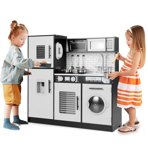 HOMASIS Spielküche mit Zubehör, Kinderküche Holz mit Herd Spüle Wasserhahn Mikrowelle Ofen Waschmaschine, Spielzeugküche mit Licht & Sound, Küchenspielzeugset ab 3 Jahren (Schwarz, Modell 2) von HOMASIS