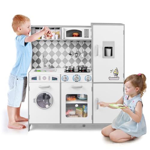 HOMASIS Spielküche mit Zubehör, Kinderküche Holz mit Herd Spüle Wasserhahn Mikrowelle Ofen Waschmaschine, Spielzeugküche mit Licht & Sound, Küchenspielzeugset für Kinder ab 3 Jahren, Weiß (Modell 1) HOMASIS Spielküche mit Zubehör, Kinderküche Holz mit Herd Spüle Wasserhahn Mikrowelle Ofen Waschmaschine, Spielzeugküche mit Licht & Sound, Küchenspielzeugset für Kinder ab 3 Jahren, Weiß (Modell 1) von HOMASIS