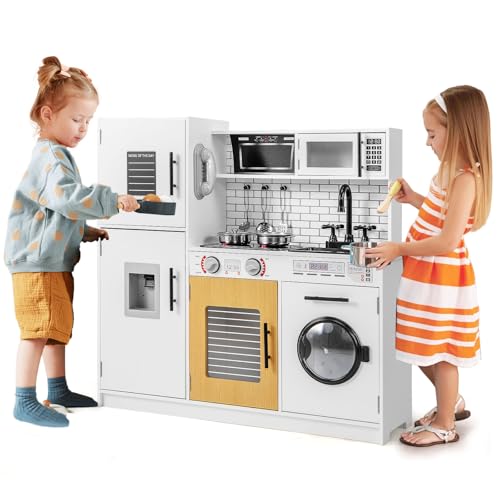 HOMASIS Spielküche mit Zubehör, Kinderküche Holz mit Herd Spüle Wasserhahn Mikrowelle Ofen Waschmaschine, Spielzeugküche mit Licht & Sound, Küchenspielzeugset für Kinder ab 3 Jahren, Weiß (Modell 2) HOMASIS Spielküche mit Zubehör, Kinderküche Holz mit Herd Spüle Wasserhahn Mikrowelle Ofen Waschmaschine, Spielzeugküche mit Licht & Sound, Küchenspielzeugset für Kinder ab 3 Jahren, Weiß (Modell 2) von HOMASIS