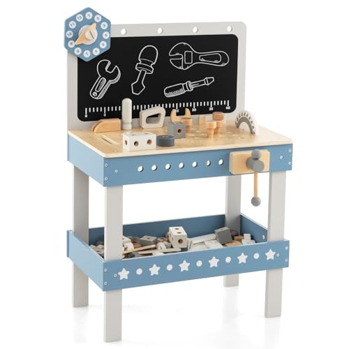 HOMASIS Werkzeugbank Kinder, Werkbank Spielwerkbank Holz, Werkstatt mit Tafel, Uhr & 61 Zubehörteilen, Spielzeug Set mit Werkzeugen, Holzkonstruktionsbank, Lernspielzeug ab 3 Jahre, 50x29x73cm, blau HOMASIS Werkzeugbank Kinder, Werkbank Spielwerkbank Holz, Werkstatt mit Tafel, Uhr & 61 Zubehörteilen, Spielzeug Set mit Werkzeugen, Holzkonstruktionsbank, Lernspielzeug ab 3 Jahre, 50x29x73cm, blau von HOMASIS